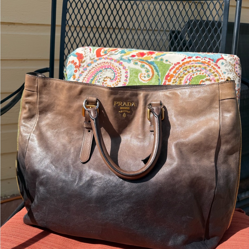 Prada Brown Gradient Leather Tote with Gold Hardware